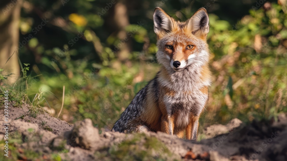 Alert red fox portrait in forest setting, showcasing its vibrant fur, pointy ears, and focused gaze in a natural outdoor scene.