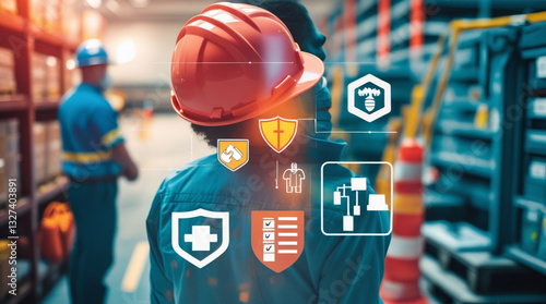 Work safety concept poster, A person with work safety and compliance icons, including a shield, hard hat, checklist, workplace safety, health protocols, and regulatory compliance