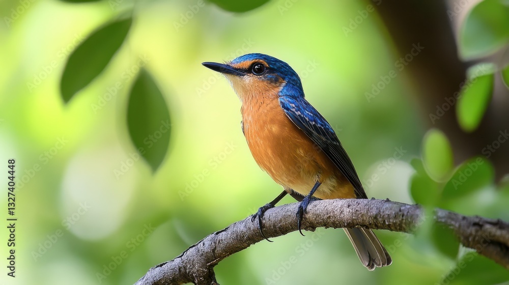 A vibrant Rufous-bellied Niltava bird perched on a tree branch, showcasing its stunning blue head and chest. A vibrant Rufous-bellied Niltava bird perched on a tree branch, showcasing its stunning blue head and chest.