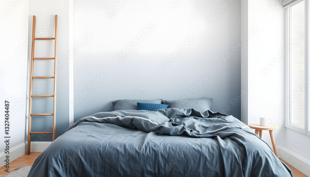 Fototapeta premium Grey and blue bedding on bed against ombre wall in minimal bedroom interior with ladder. White tone