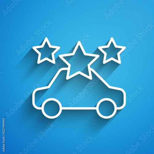 White line Car sharing icon isolated on blue background. Carsharing sign. Transport renting service concept. Long shadow. Vector