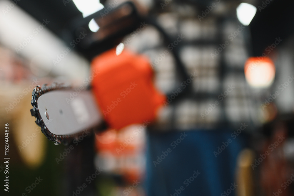 Fototapeta premium Man is choosing electric saw in tools store