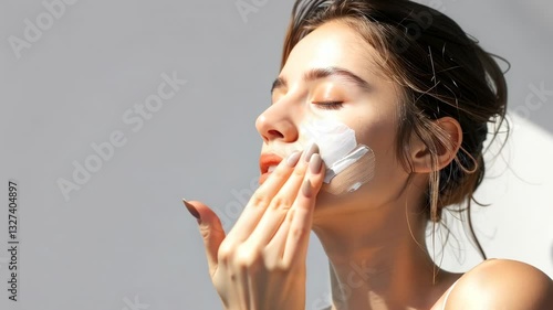 young woman applying sunscreen to face, girl using cosmetics, sun protection, tan, cream, make up