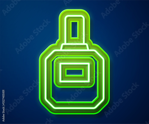 Glowing neon line Aftershave icon isolated on blue background. Cologne spray icon. Male perfume bottle. Vector