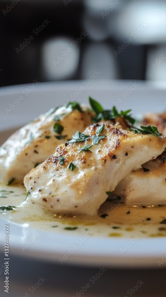 A white plate with chicken and alfredo sauce served at a restaurant. Chicken alfredo with creamy sauce and fresh parsley. A white plate with chicken and alfredo sauce served at a restaurant. Chicken alfredo with creamy sauce and fresh parsley.