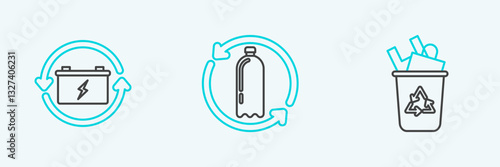 Set line Recycle bin with recycle symbol, Battery and Recycling plastic bottle icon. Vector