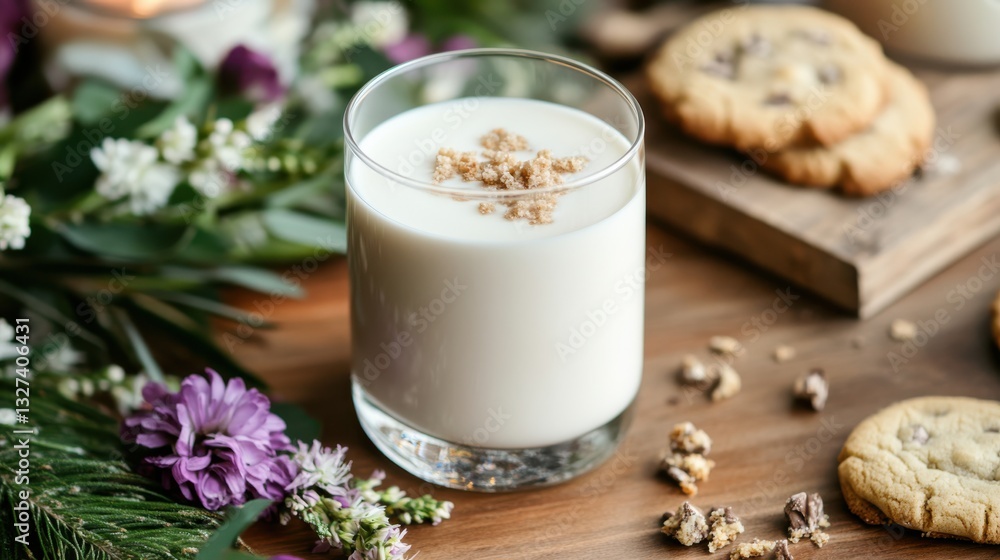 Refreshing Glass of Milk with Cookie Crumbs Surrounded by Flowers and Homemade Chocolate Chip Cookies on a Wooden Table Refreshing Glass of Milk with Cookie Crumbs Surrounded by Flowers and Homemade Chocolate Chip Cookies on a Wooden Table