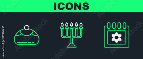 Set line Jewish calendar with star of david, sweet bakery and Hanukkah menorah icon. Vector