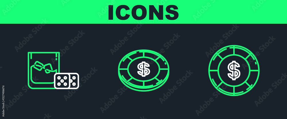 Set line Casino chip with dollar symbol, Game dice and glass of whiskey ice cubes and icon. Vector Set line Casino chip with dollar symbol, Game dice and glass of whiskey ice cubes and icon. Vector