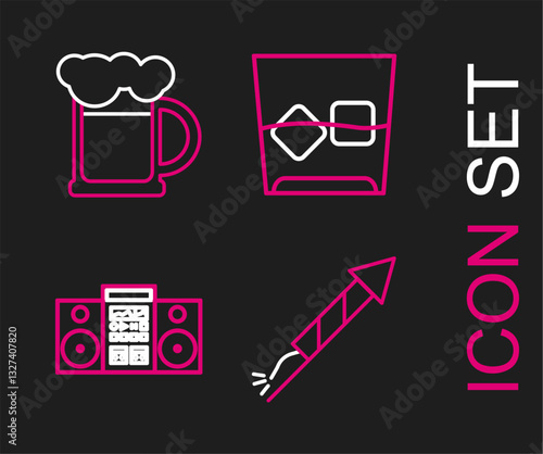 Set line Firework rocket, Home stereo with two speakers, Glass of whiskey and ice cubes and Wooden beer mug icon. Vector