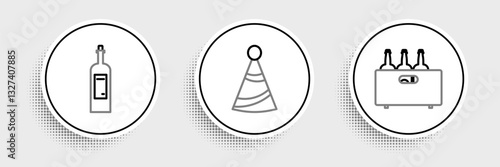 Set line Bottles of wine in a wooden box, and Party hat icon. Vector