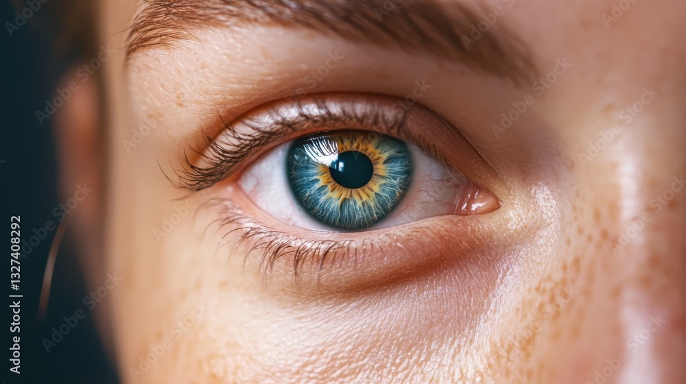 Obraz premium Close-up of captivating human eye featuring a mix of blue and gold hues, showcasing intricate details of the iris and skin texture.