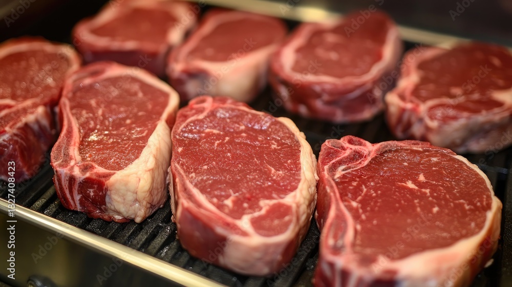 Red meat cuts traveling along a conveyor belt, with workers in face masks and gloves packaging them for distribution. Red meat cuts traveling along a conveyor belt, with workers in face masks and gloves packaging them for distribution.