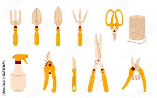 A set of essential hand gardening tools including pruners, trowels, sprayers, and scissors for plant care and garden maintenance.