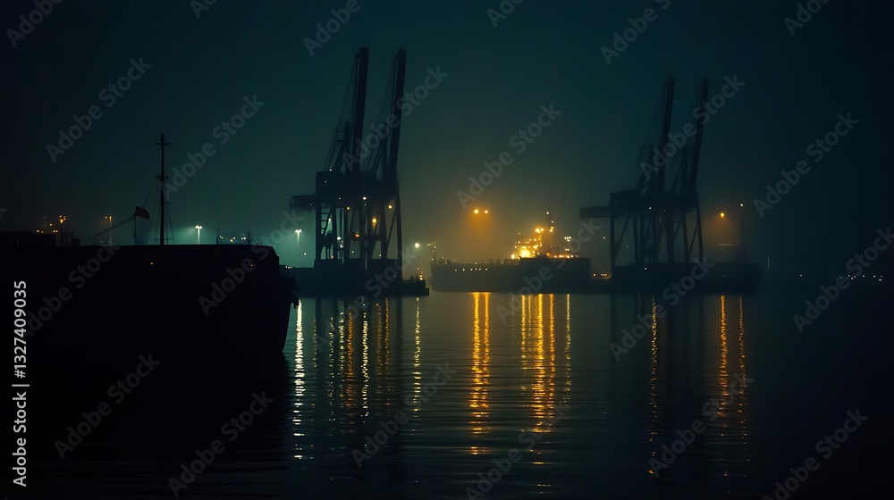 Obraz premium Docks at Night Industrial Scene Water Reflection Silhouetted Cranes