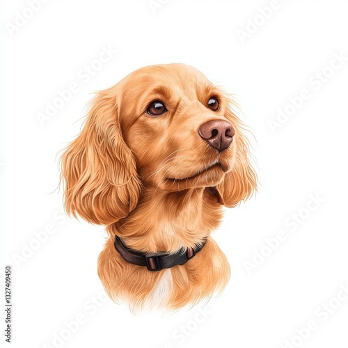 Soft watercolor portrait of a cocker spaniel dog wearing a collar against a gentle background evoking affection