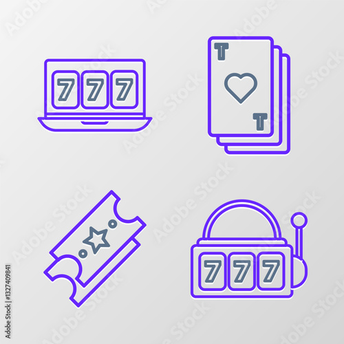 Set line Slot machine with lucky sevens jackpot, Lottery ticket, Playing card heart and Online slot icon. Vector