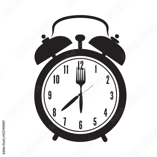 Alarm clock with fork as hour hand on white background