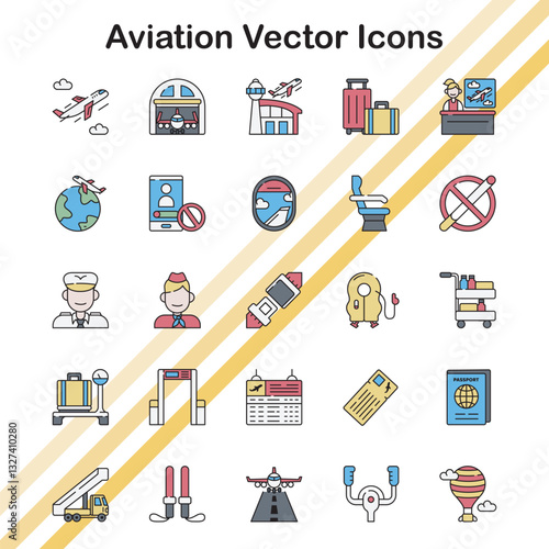 A collection of vector icons representing aviation and air travel.