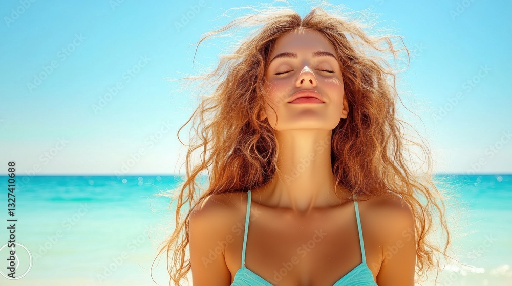 Naklejka premium woman with curly hair smiles and closes her eyes, soaking up the sun by the ocean. This moment captures relaxation and tranquility on a bright, clear day at the beach