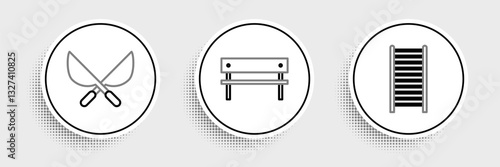 Set line Wooden staircase, Gardening handmade scissors and Bench icon. Vector