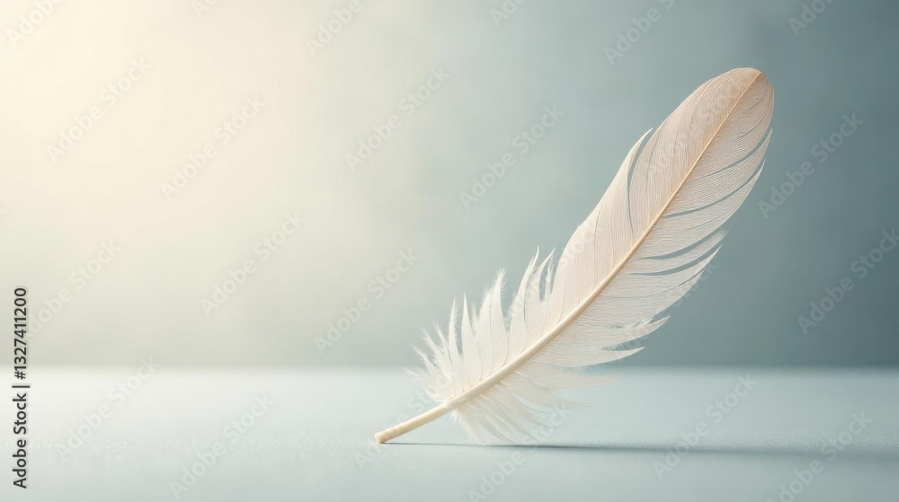 Fototapeta premium A Delicate Single White Feather Resting on a Smooth Surface, Illuminated by Soft Light