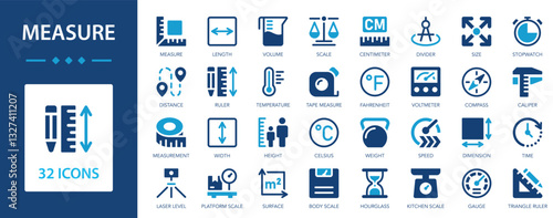 Measure flat icons collection. Length, ruler, temperature, dimension, time, speed, gauge, distance, measurement sign set.