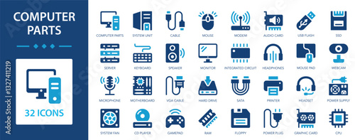 Computer parts flat icons collection. System unit, monitor, cable, mouse, server, cpu, headphones, SSD, webcam, USB, floppy, printer, gamepad sign set.