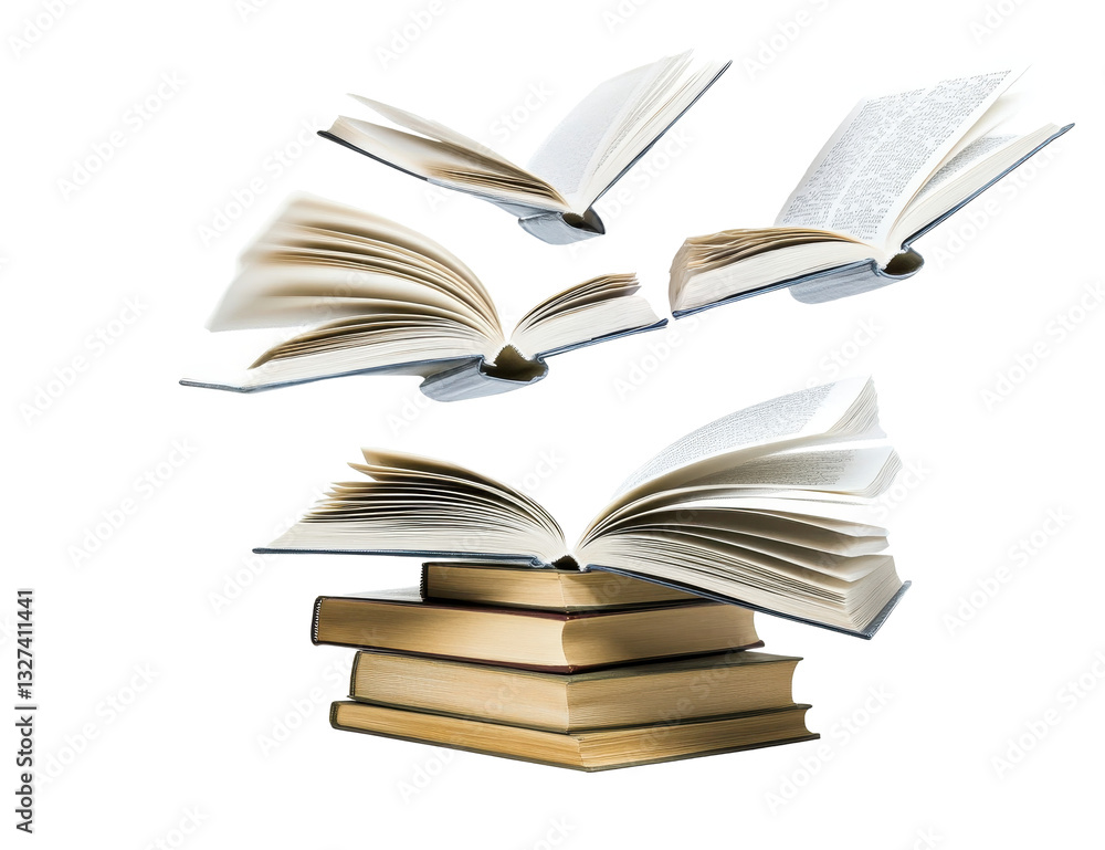 Flying Open Books Above Stack Of Books On Transparent Backgrounds Flying Open Books Above Stack Of Books On Transparent Backgrounds