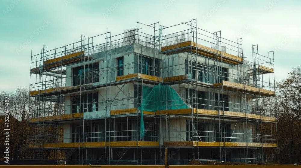 A partially built minimalist house with modern windows, scaffolding, and ongoing architectural design. A partially built minimalist house with modern windows, scaffolding, and ongoing architectural design.