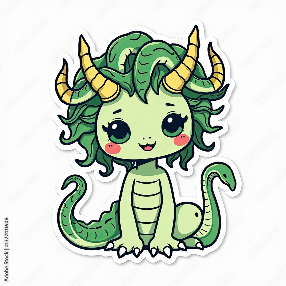 Fototapeta premium A cute green cartoon dragon with a funny and happy expression
