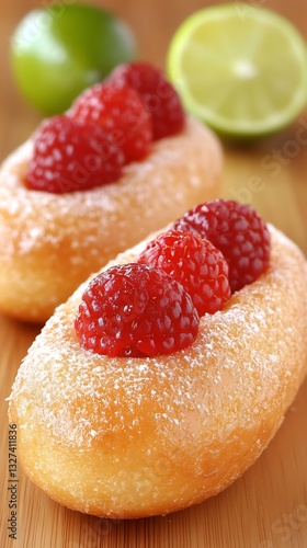 Wallpaper Mural Raspberry donuts close up on wooden table background Torontodigital.ca