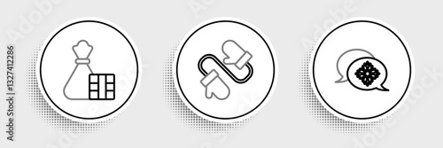 Set line Snowflake with speech bubble, Gift box and bag and Pair of knitted christmas mittens icon. Vector