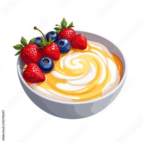 Losing weight. Yogurt bowl with honey and berries, vibrant healthy breakfast inspiration