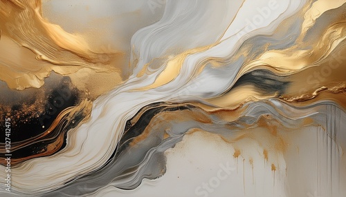 abstract painting featuring beige and white colors with gold accents dark silver and light bronze
