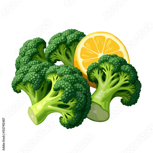 Losing weight. Broccoli illustration with lemon, vibrant nutrient-dense food concept