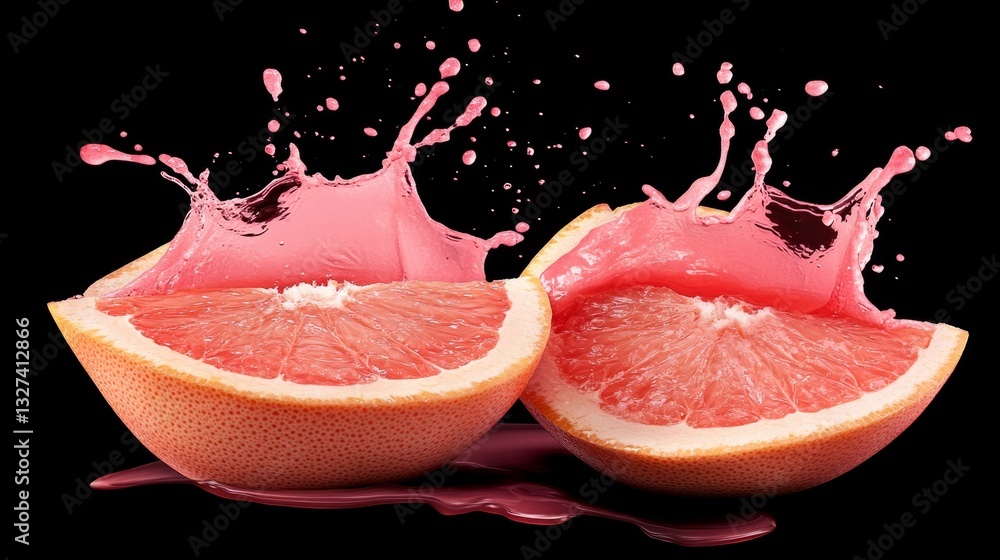 Grapefruit halves in a splash of pink juice, fresh and juicy generative ai Grapefruit halves in a splash of pink juice, fresh and juicy generative ai