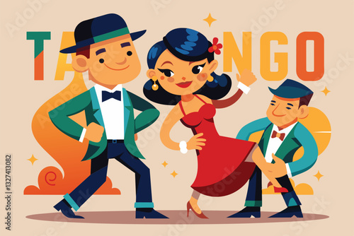 Three dancers showcase tango moves in a colorful and energetic illustration, celebrating dance and creativity, Tango Customizable Disproportionate Illustration