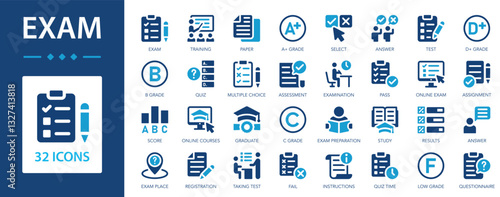 Exam flat icons collection. Training, score, quiz, results, test, online exam, assignment, answer, select, pass, graduate, study sign set.