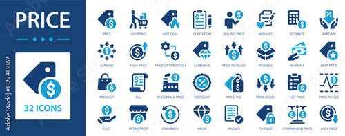 Price flat icons collection. Discount, shopping, product, expense, package, wishlist, payment, invoice, value, cost, estimate, price, bargain sign set.
