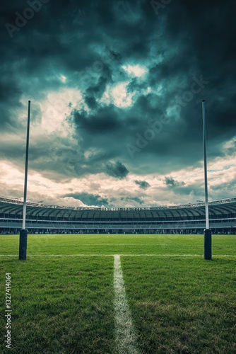 Deserted rugby stadium under a cloudy sky, pitch pristine.