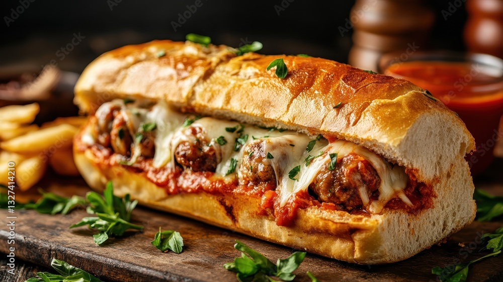 An enticing meatball sub brimming with marinara sauce and topped with melted cheese, garnished with fresh herbs, making it a perfect dish for any meal occasion. An enticing meatball sub brimming with marinara sauce and topped with melted cheese, garnished with fresh herbs, making it a perfect dish for any meal occasion.