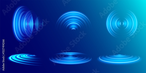 Sonar sound wave. Signal concentric circle. Round light effect set. Radio station signal. Water ripple with circle waves. A place or a painful point.