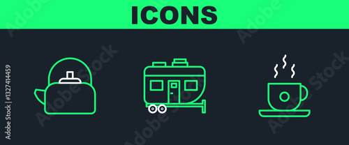 Set line Coffee cup, Kettle with handle and Rv Camping trailer icon. Vector