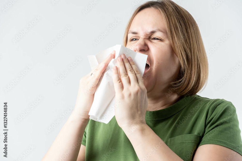 Sick Woman. Flu. Woman Caught Cold. Sneezing into Tissue. Beautiful woman suffering from cold Sick Woman. Flu. Woman Caught Cold. Sneezing into Tissue. Beautiful woman suffering from cold