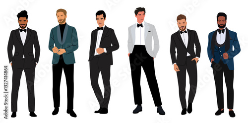 Set of elegant businessmen wearing formal tuxedo and bow tie for evening celebration, event, Christmas, New Year, wedding, anniversary. Different male characters isolated 