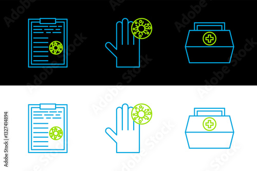 Set line First aid kit, Clipboard with blood test results and Hand virus icon. Vector