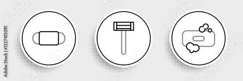 Set line Bar of soap, Medical protective mask and Shaving razor icon. Vector