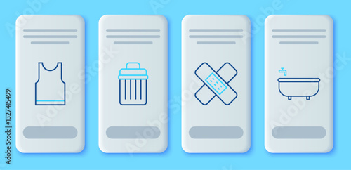 Set line Trash can, Crossed bandage plaster, Sleeveless T-shirt and Bathtub icon. Vector