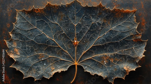 Dried leaf with ladybug on textured metal photo